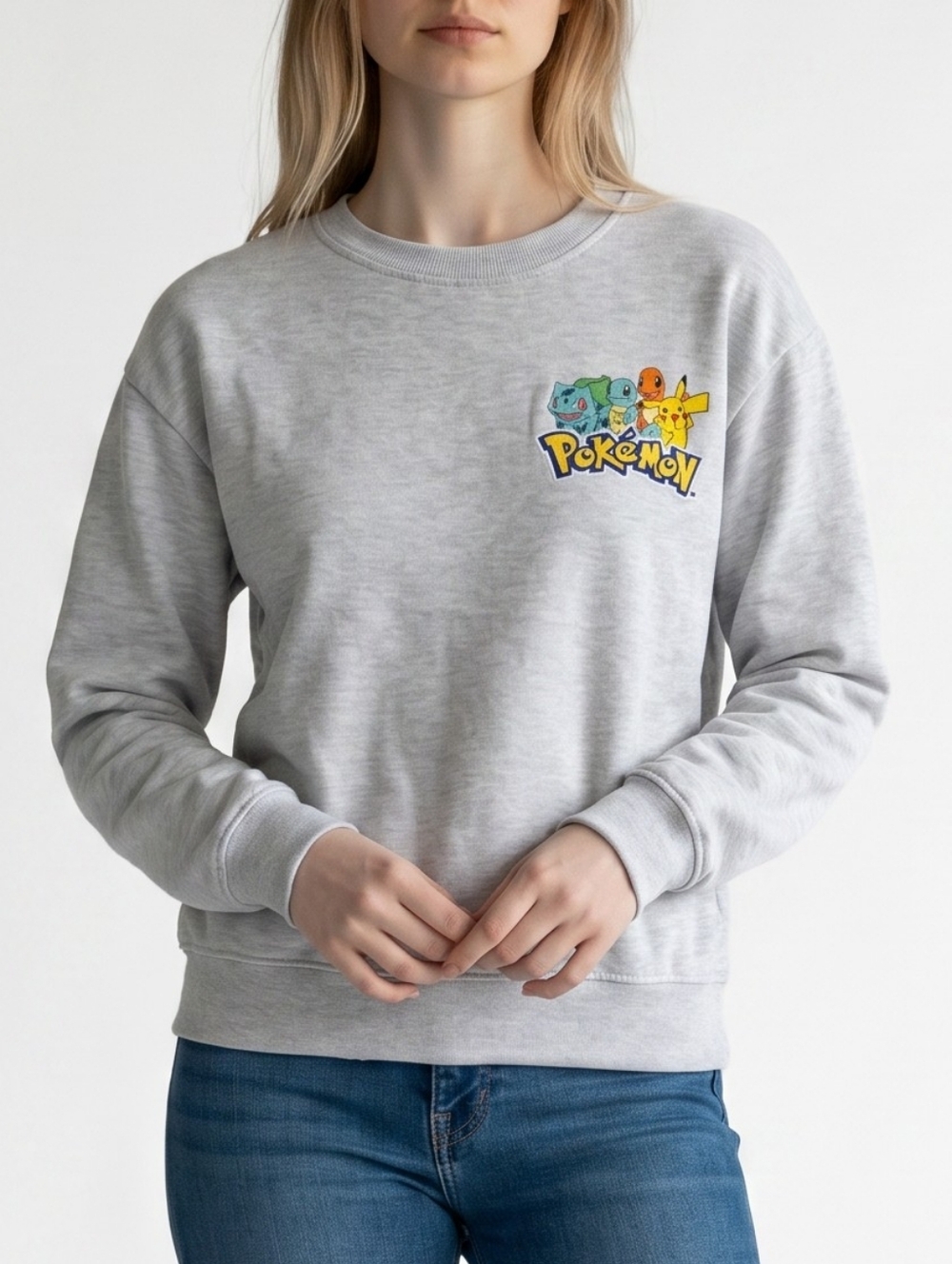 Pokemon Light Gray Sweatshirt with Colorful Character Chest Logo